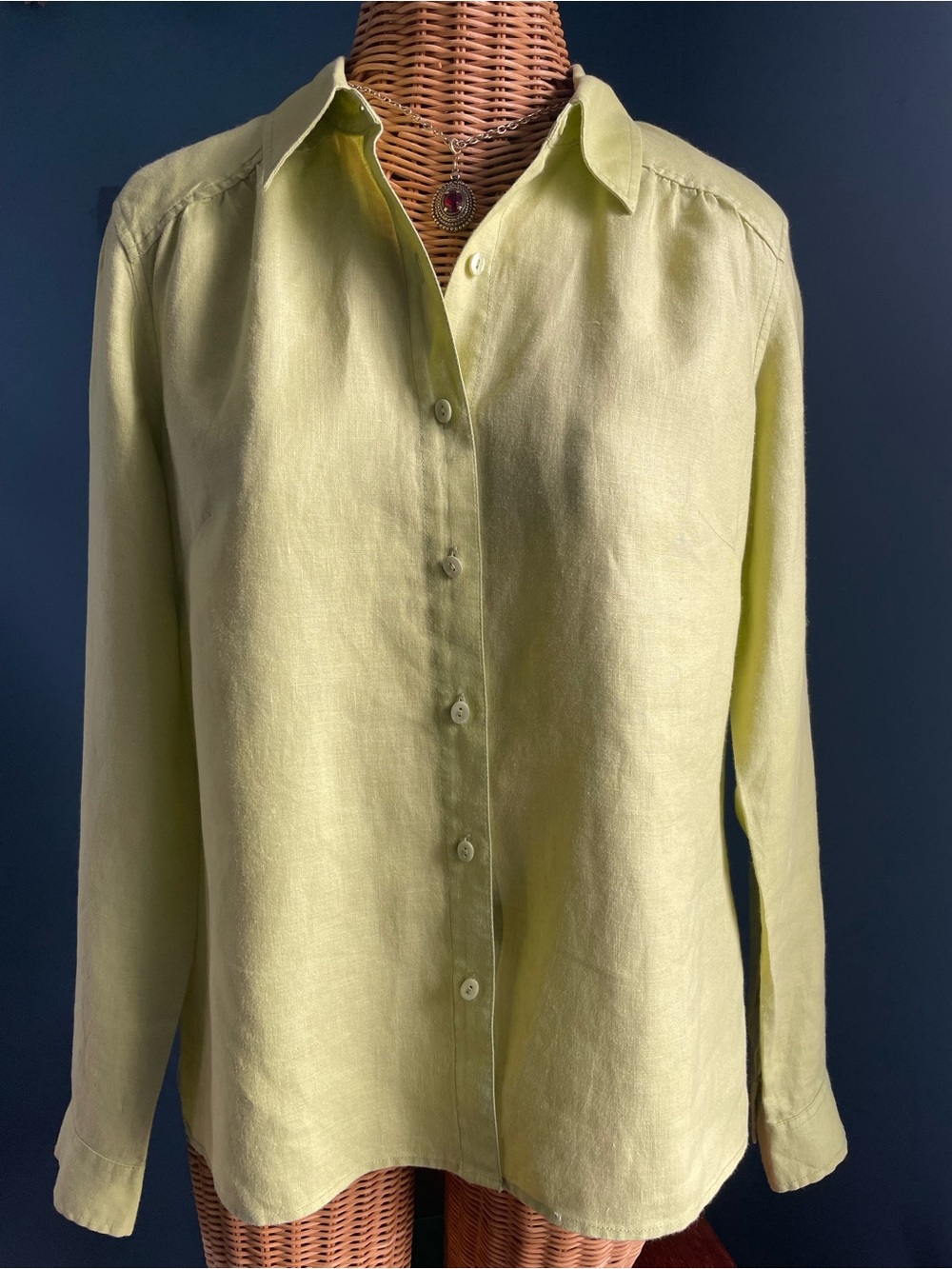 Sigrid Olsen 100% Linen Button Down Shirt Top Blouse Yellow-Green Size Petite M
